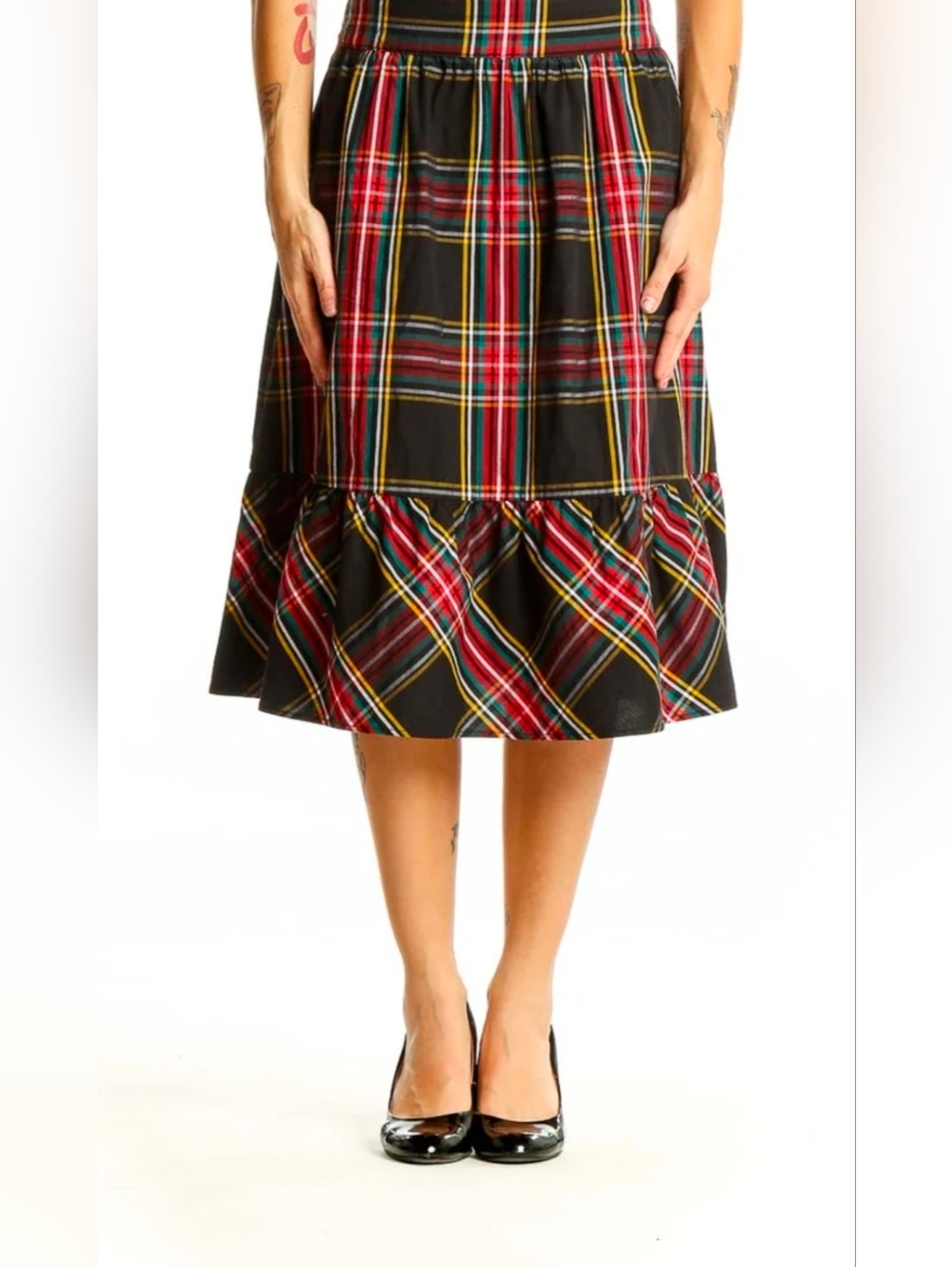 J. Crew Plaid Tartan Midi Skirt A-Line Ruffled Hem Black Red Sz 12 Heritage Prep